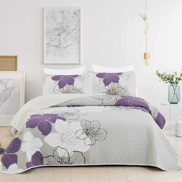 New Purple Bohemian Floral Quilt Set • 3 PC • KING Size - Picture 2 of 7